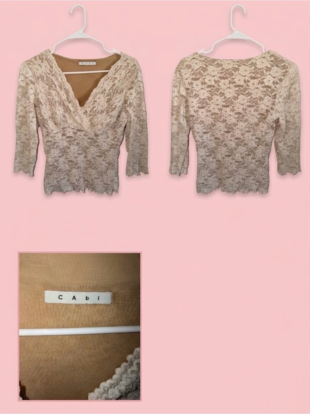 CAbi Cream Lace Wrap Blouse with Scalloped Hem